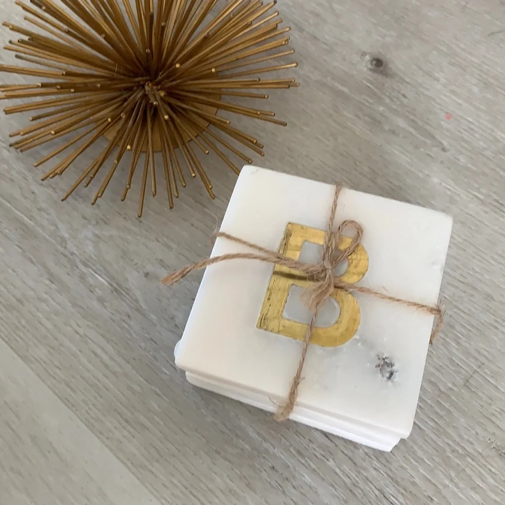 “B” West Elm Set 4 Marble Coasters gold monogram